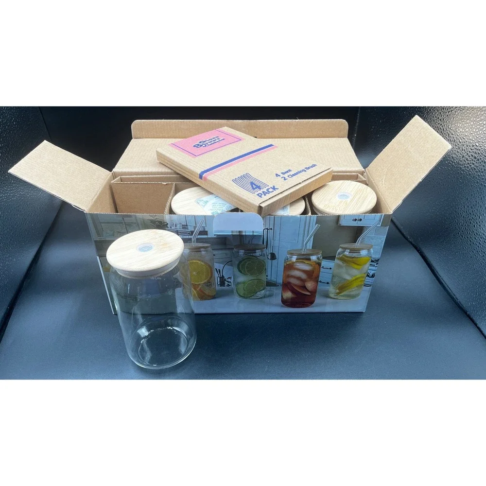 Eco Sips Set of 4 18oz‎ Drinking Glass with Bamboo Lids and Glass Straws NEW